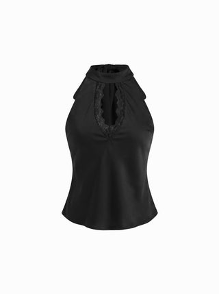 Satin Stand Collar Lace Panel Cut Out Halter Backless Cami Blouse
