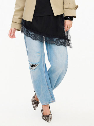 Denim Denim Low Rise Ripped Barrel-leg Cropped Oversized Jeans For School Daily Casual