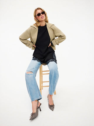 Denim Denim Low Rise Ripped Barrel-leg Cropped Oversized Jeans For School Daily Casual
