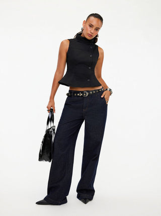 Denim Low Rise Washed Metal Detail Wide Leg Jeans