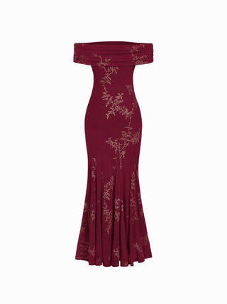 Mesh Floral Off-shoulder Ruched Mermaid Maxi Dress