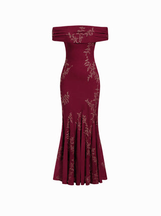 Mesh Floral Off-shoulder Ruched Mermaid Maxi Dress