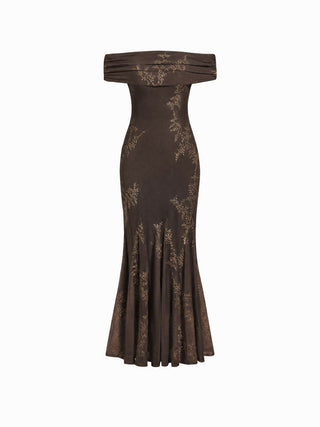Mesh Floral Off-shoulder Ruched Mermaid Maxi Dress