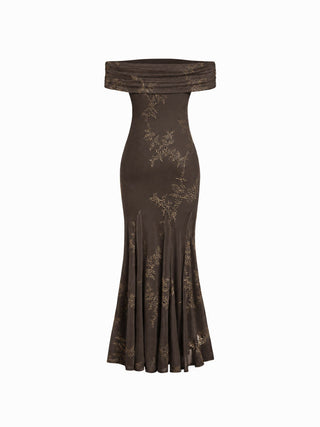 Mesh Floral Off-shoulder Ruched Mermaid Maxi Dress