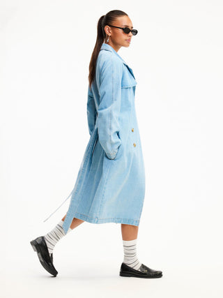 Denim Washed Notched Collar Double Breasted Longline Oversized Jacket With Belt