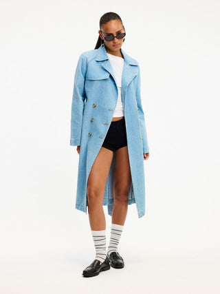 Denim Washed Notched Collar Double Breasted Longline Oversized Jacket With Belt