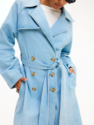 Denim Washed Notched Collar Double Breasted Longline Oversized Jacket With Belt