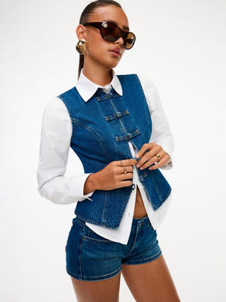 Denim Stand Collar Twist Knotted Washed Denim Vest