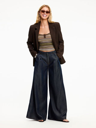 Denim Washed Denim High Rise Draped Wide Leg Jeans For Daily Casual Work