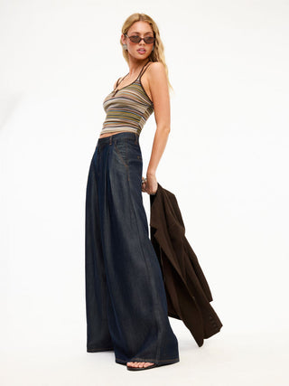 Denim Washed Denim High Rise Draped Wide Leg Jeans For Daily Casual Work