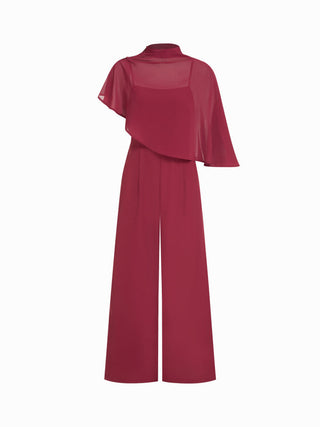 Stand Collar Asymmetrical Cloak Sleeve Mid Rise Wide Leg Jumpsuit