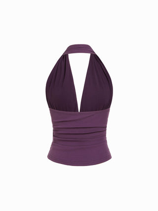 Cotton-blend Halter Cowl Neck Polka Dot Ruched Top