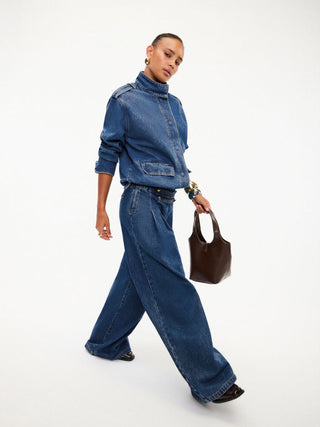 Denim Stand Collar Washed Drawstring Metal Detail Oversized Jacket