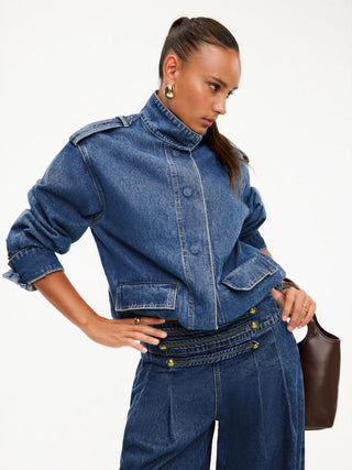 Denim Stand Collar Washed Drawstring Metal Detail Oversized Jacket