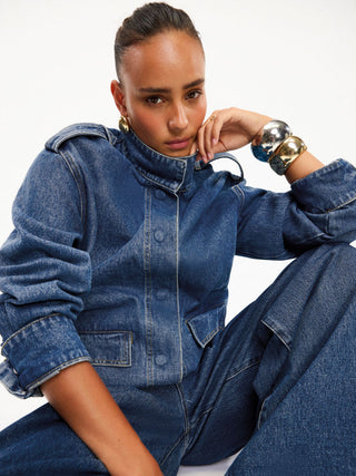 Denim Stand Collar Washed Drawstring Metal Detail Oversized Jacket