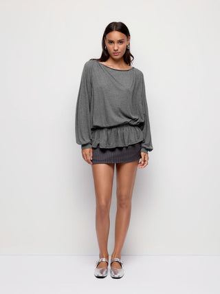 Textured Boat Neck Lantern Sleeve Ruffle Hem Oversized Top