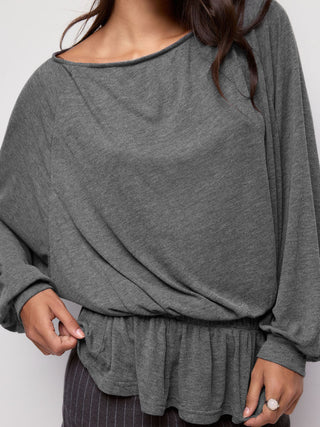 Textured Boat Neck Lantern Sleeve Ruffle Hem Oversized Top