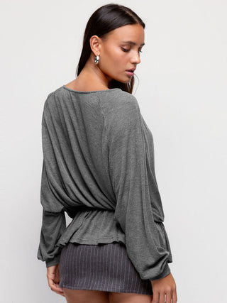 Textured Boat Neck Lantern Sleeve Ruffle Hem Oversized Top