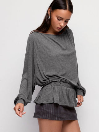 Textured Boat Neck Lantern Sleeve Ruffle Hem Oversized Top