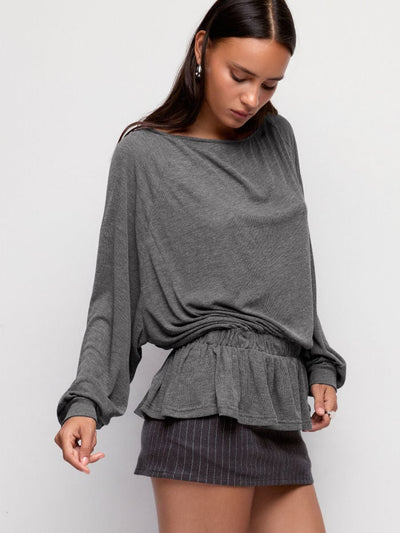 Textured Boat Neck Lantern Sleeve Ruffle Hem Oversized Top
