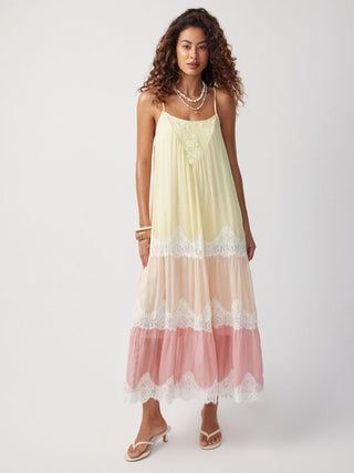 Textured Chiffon Colorblock Square Neck Lace Panel Oversized Flared Maxi Dress