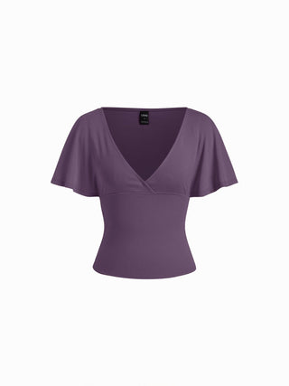 Cotton-blend V-neck Surplice Bell Sleeve Top