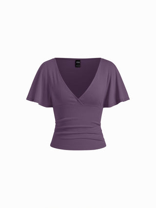 Cotton-blend V-neck Surplice Bell Sleeve Top