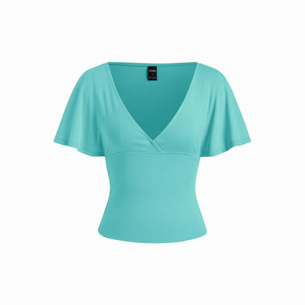 Cotton-blend V-neck Surplice Bell Sleeve Top