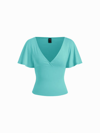 Cotton-blend V-neck Surplice Bell Sleeve Top