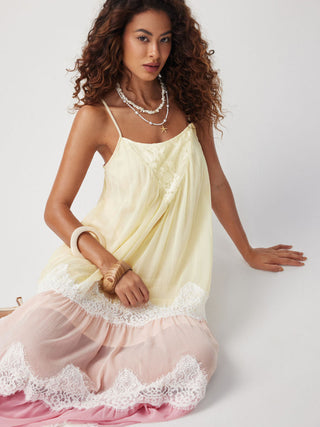 Textured Chiffon Colorblock Square Neck Lace Panel Oversized Flared Maxi Dress