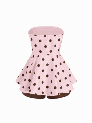 Polka Dot Strapless High Rise Colorblock Peplum Hem Romper
