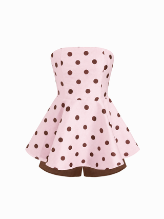Polka Dot Strapless High Rise Colorblock Peplum Hem Romper