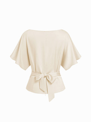 Boat Neck Batwing Sleeve Tie Back Top