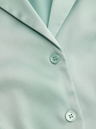Satin Collar Long Sleeve Curved Hem Cinched Waist Shirt
