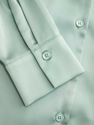 Satin Collar Long Sleeve Curved Hem Cinched Waist Shirt