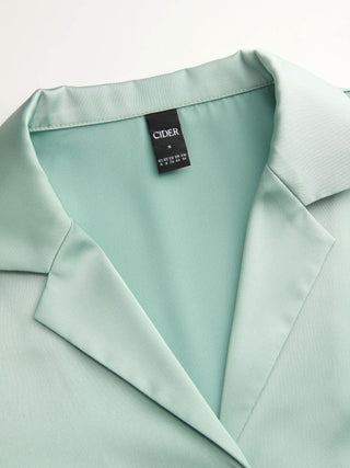 Satin Collar Long Sleeve Curved Hem Cinched Waist Shirt