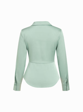 Satin Collar Long Sleeve Curved Hem Cinched Waist Shirt