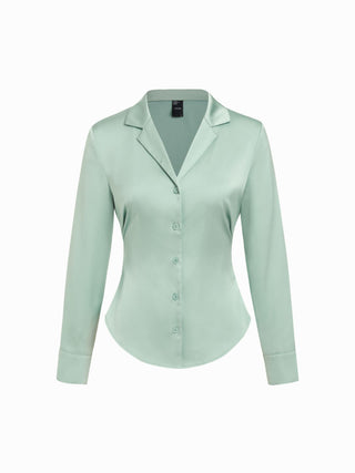 Satin Collar Long Sleeve Curved Hem Cinched Waist Shirt
