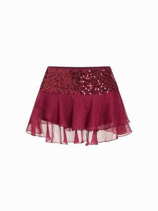 Satin Low Rise Sequin Textured Layered Ruffle Mini Skirt