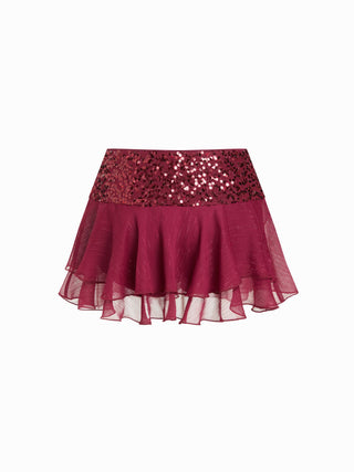 Satin Low Rise Sequin Textured Layered Ruffle Mini Skirt