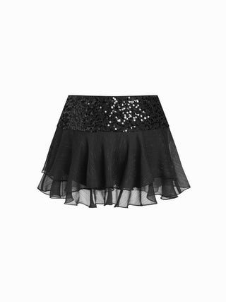 Satin Low Rise Sequin Textured Layered Ruffle Mini Skirt