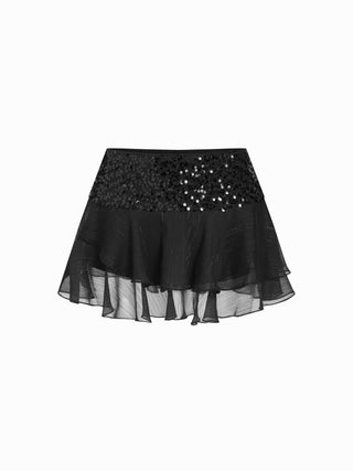Satin Low Rise Sequin Textured Layered Ruffle Mini Skirt