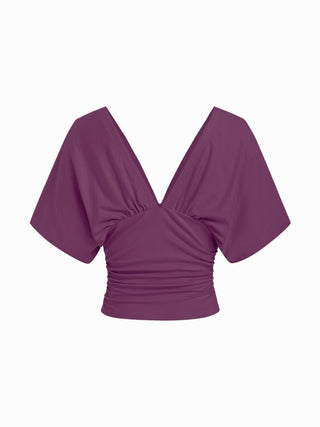 V-neck Batwing Sleeve Ruched Slim Tee