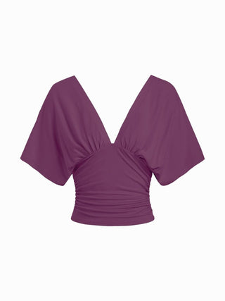 V-neck Batwing Sleeve Ruched Slim Tee