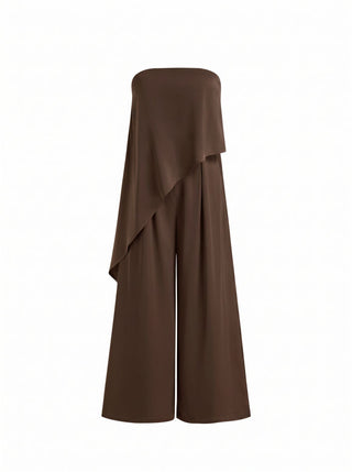 Satin Strapless Asymmetrical Mid Rise Oversized Wide Leg Jumpsuit