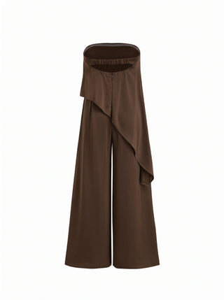Satin Strapless Asymmetrical Mid Rise Oversized Wide Leg Jumpsuit