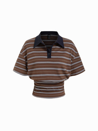 Cotton-blend Striped Polo Neck Short Sleeve Ruched Tee
