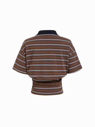Cotton-blend Striped Polo Neck Short Sleeve Ruched Tee