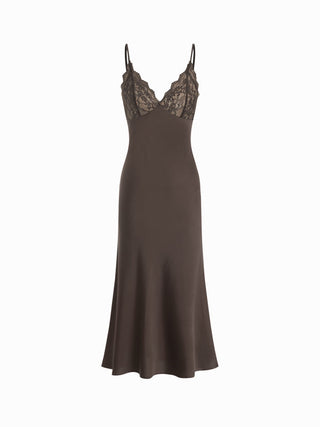 Satin V-Neck Lace Panel Mermaid Maxi Dress
