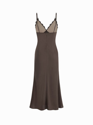 Satin V-Neck Lace Panel Mermaid Maxi Dress